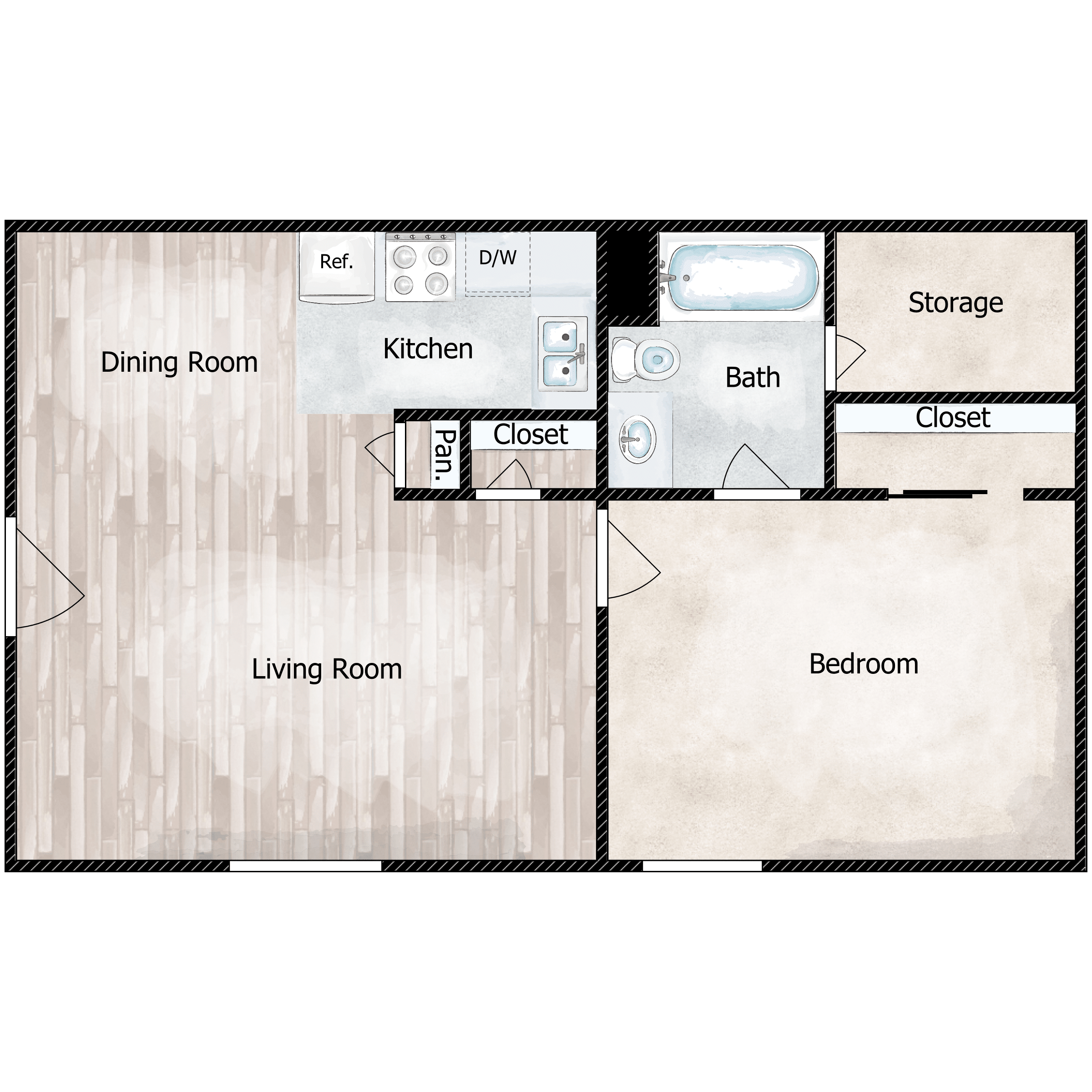 Floor plan for 1 bed, 1 bath, 628 sqft